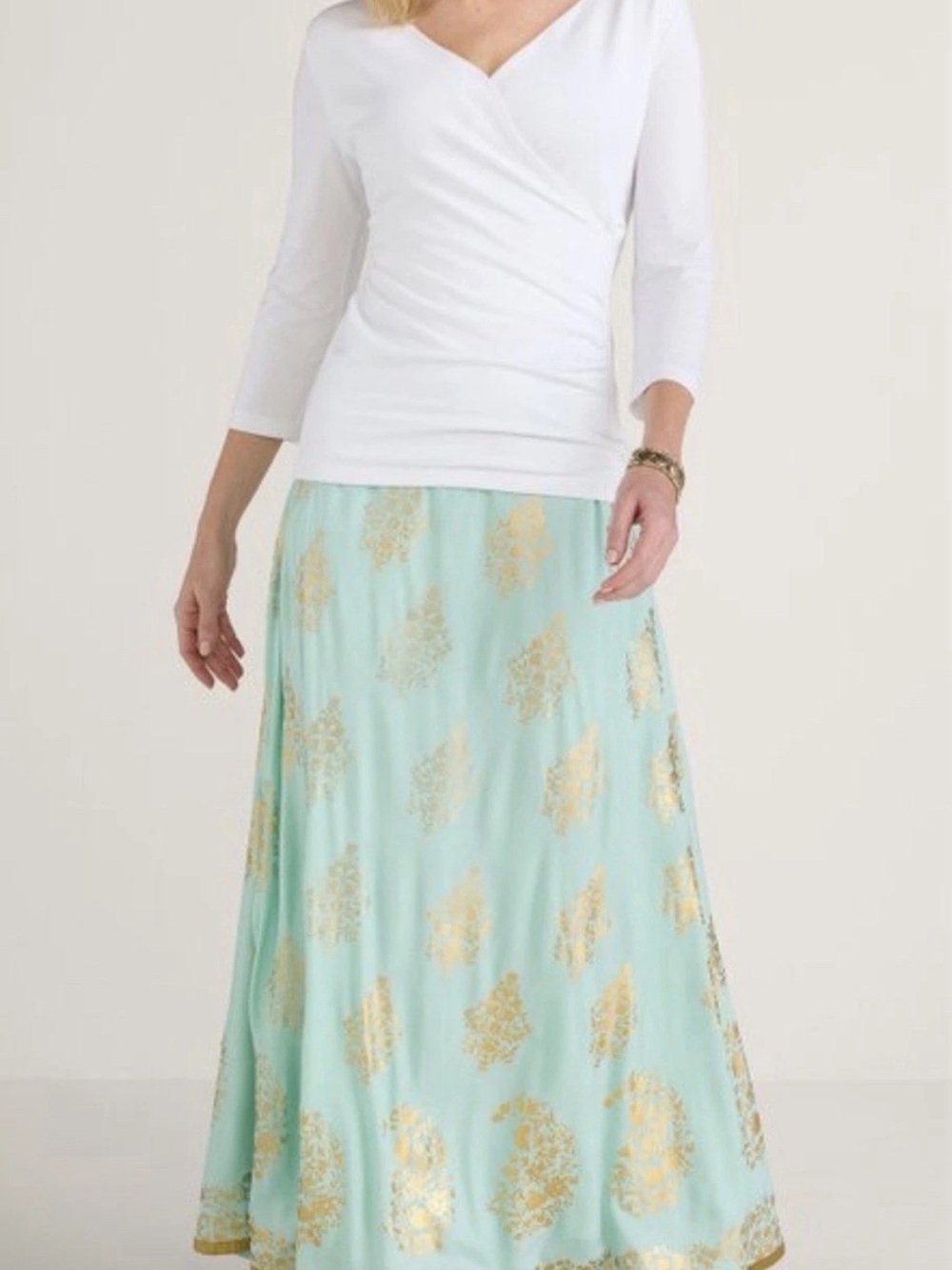 Soft Surroundings Mint and Gold Maxi Skirt